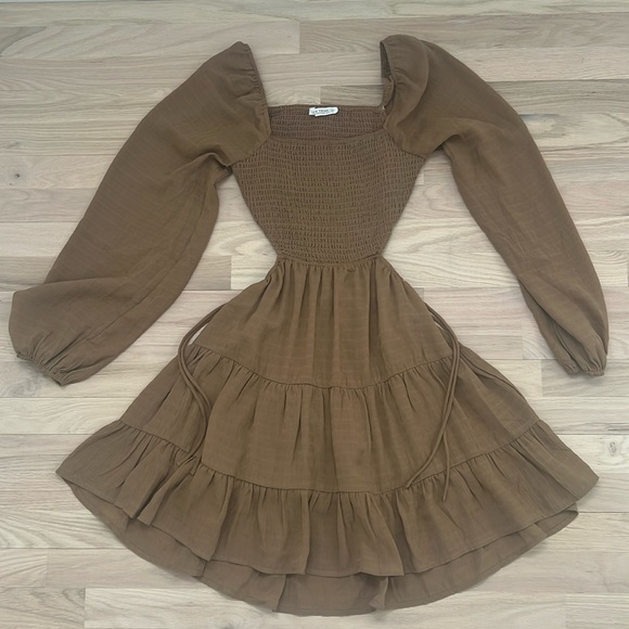 12th tribe, backless, western ruffle flare, tan brown long sleeve dress small - Picture 1 of 5